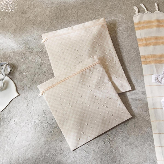 Ocean Home Textile 5'li Su Geçirmez Pvc Astarlı Bej Dama Desen Islak Kuru Çanta Seti 20 X 13 / 24 X 20 / 30 X 24 / 28 X 30 / 30 X