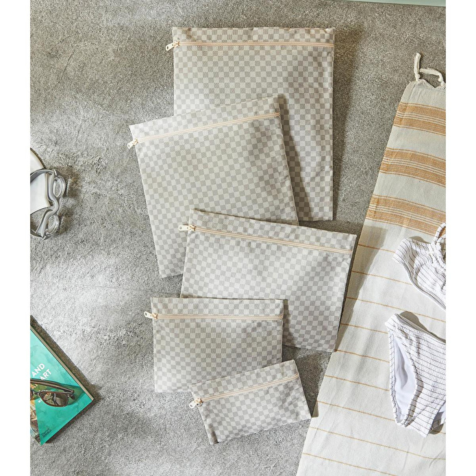 Ocean Home Textile 5'li Su Geçirmez Pvc Astarlı Gri Dama Desen Islak Kuru Çanta Seti 20 X 13 / 24 X 20 / 30 X 24 / 28 X 30 / 30 X