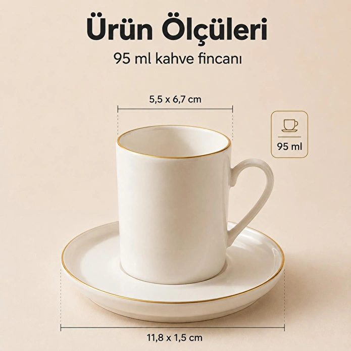 Vienev Porselen Altın Yaldızlı 6 Kişilik Kahve Fincanı Takımı Seti 12 Parça