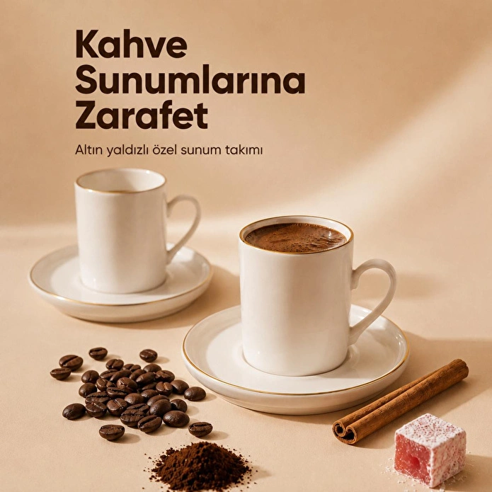 Vienev Porselen Altın Yaldızlı 6 Kişilik Kahve Fincanı Takımı Seti 12 Parça