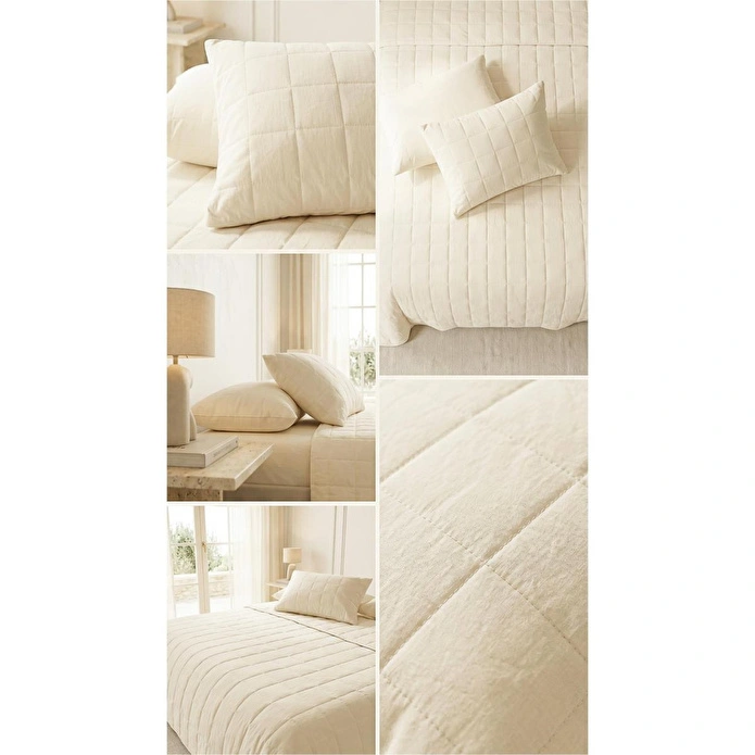 Ocean Home Textile %100 Pamuk Kumaş Kapitoneli Ekru Çok Amaçlı Çift Kişilik Yatak Örtüsü Seti 1 Adet 250 X 230 / 2 Adet 50 X 70 Cm