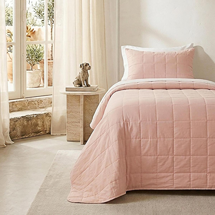 Ocean Home Textile %100 Pamuk Kumaş Kapitoneli Pembe Çok Amaçlı Tek Kişilik Yatak Örtüsü Seti 1 Adet 180 X 230 / 1 Adet 50 X 70 Cm