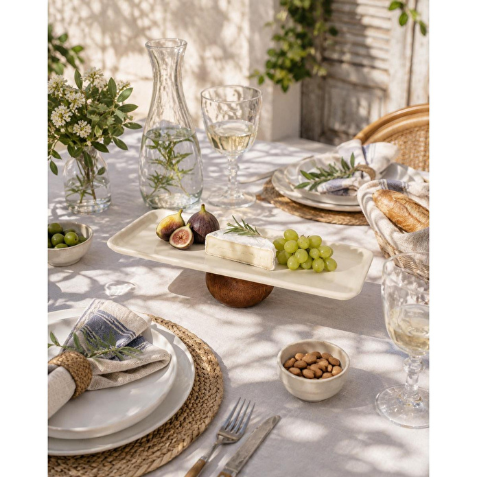 Beige & Stone Ahşap Ayaklı Krem Paslanmaz Çelik Servis - Sunum Tabağı Dikdörtgen 33 Cm Pasta Meyve Kek Standı