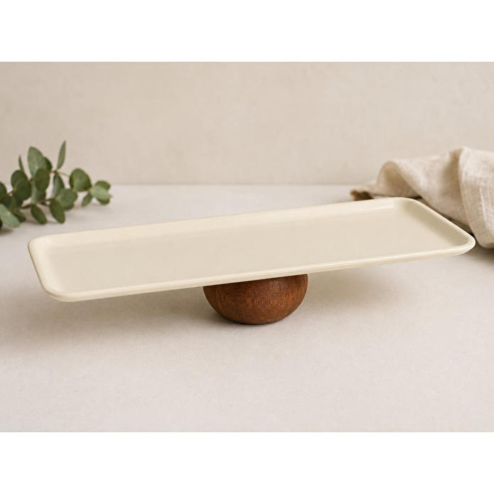 Beige & Stone Ahşap Ayaklı Krem Paslanmaz Çelik Servis - Sunum Tabağı Dikdörtgen 33 Cm Pasta Meyve Kek Standı