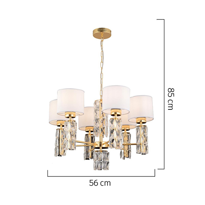 Apliqa Darell 6'lı Beyaz Şapkalı Gold Kristalli Taşlı Modern Tasarım Kristal Salon Avize