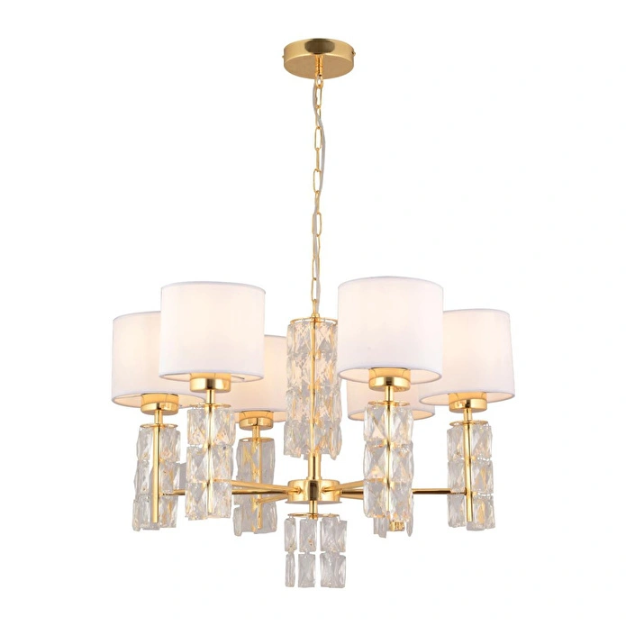 Apliqa Darell 6'lı Beyaz Şapkalı Gold Kristalli Taşlı Modern Tasarım Kristal Salon Avize