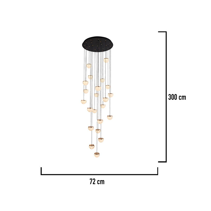 Apliqa Derem 22'li Siyah Gold 200 Watt Yuvarlak Kristal Taşlı Salon Led Sarkıt Avize