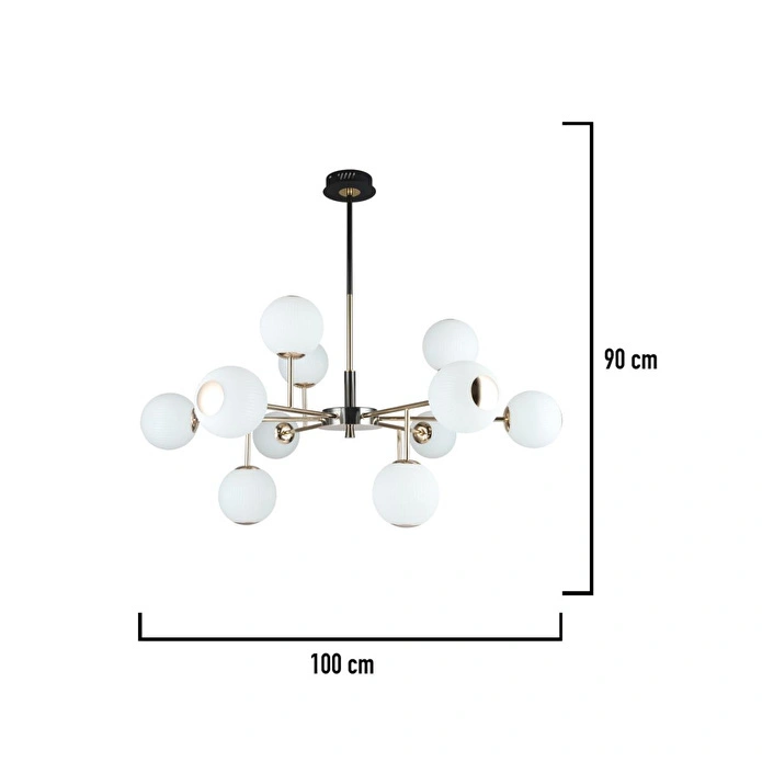 Apliqa Sofia 12'li Siyah Gold 100 Watt Yuvarlak Modern Oturma Odası, Salon Avize