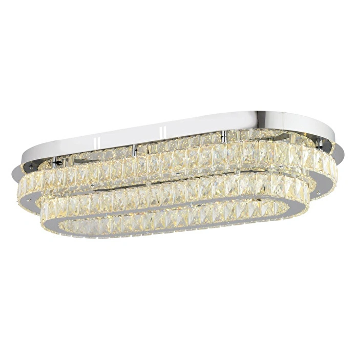 Apliqa Valeria 2 Katlı Elips Plafonyer Elips Ledli 3 Renkli Kristalli Taşlı Modern Tasarım Led Kristal Salon Avize