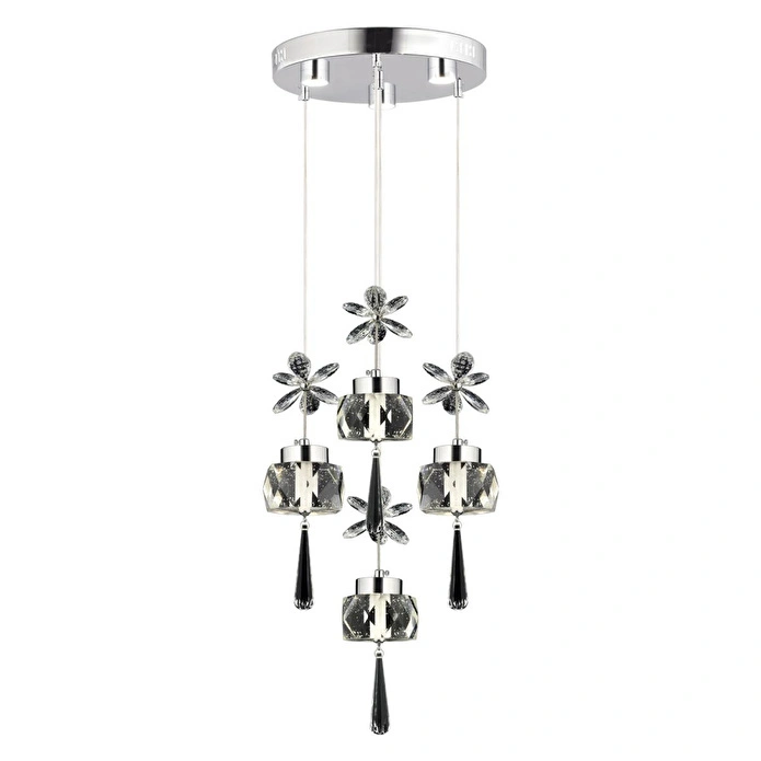 Apliqa Amaris 4'lü Yuvarlak 3 Renkli 52 Watt Krom Kelebek Led Avize Kristal Ledli Modern Oturma Odası Salon Sarkıt Avize