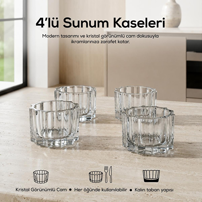 Vienev 4'lü Cam Sunum Kasesi, Magnolya Ve Tatlı Kasesi, Cam Çerezlik ,dondurma Kasesi-200cc