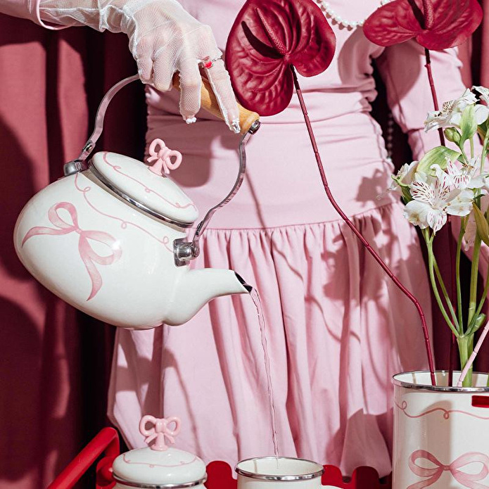Emaylab Rebel Bow Kurdele Desenli Emaye Vintage Kettle