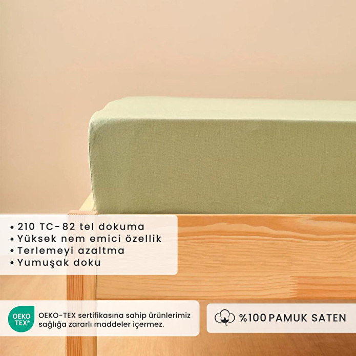 Bella Maison %100 Pamuk Saten Çift Kişilik Lastikli Çarşaf Sisli Yeşil (160x200x35 Cm) Sisli Yeşil