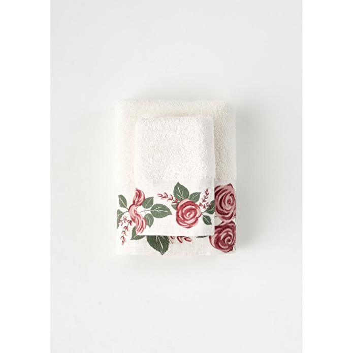 Bella Maison %100 Pamuk Rose Baskılı Yüz Havlusu Krem (50x90 Cm) Krem
