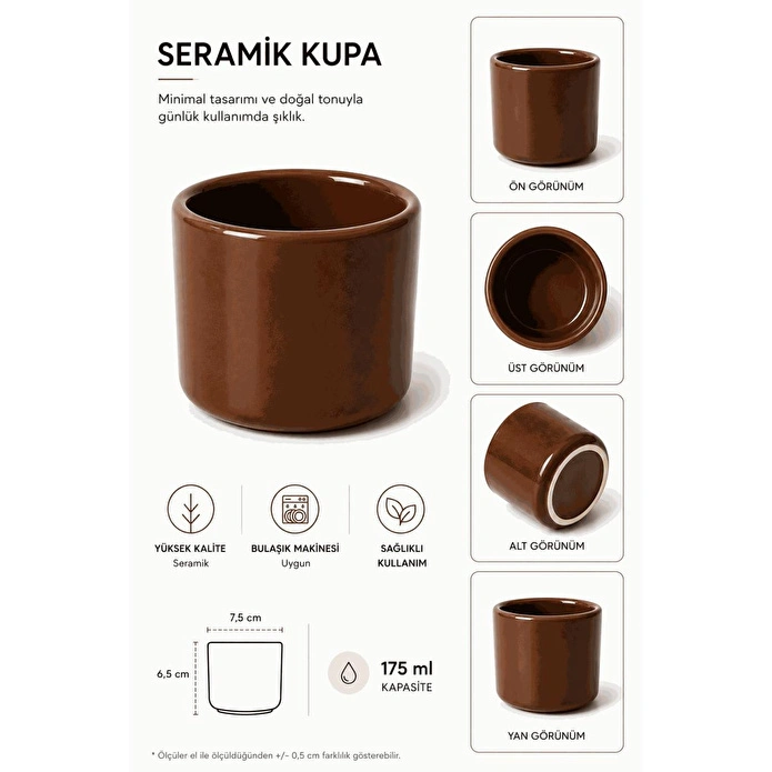 Beige & Stone 2'li Set Kahverengi Seramik Kupa 175 Ml Minimal Kahve Kupası Çay Fincanı Espresso Ve Türk Kahvesi Bardağı