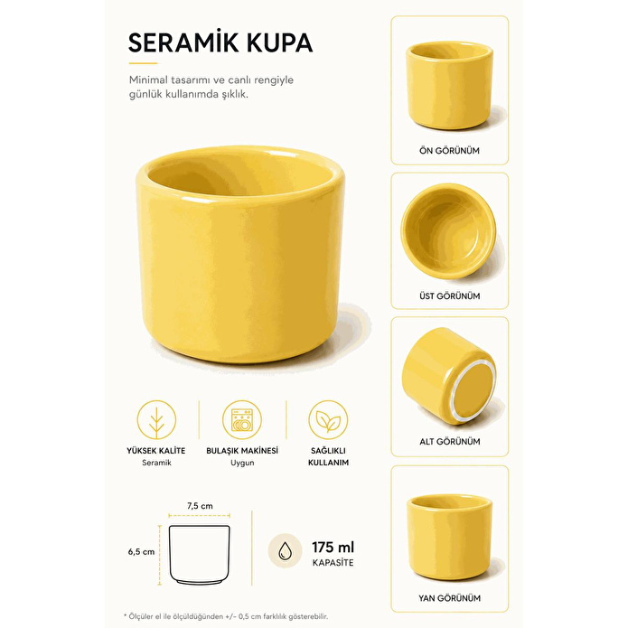 Beige & Stone Sarı Seramik Kupa 175 Ml Minimal Kahve Kupası Çay Fincanı Espresso Ve Türk Kahvesi Bardağı