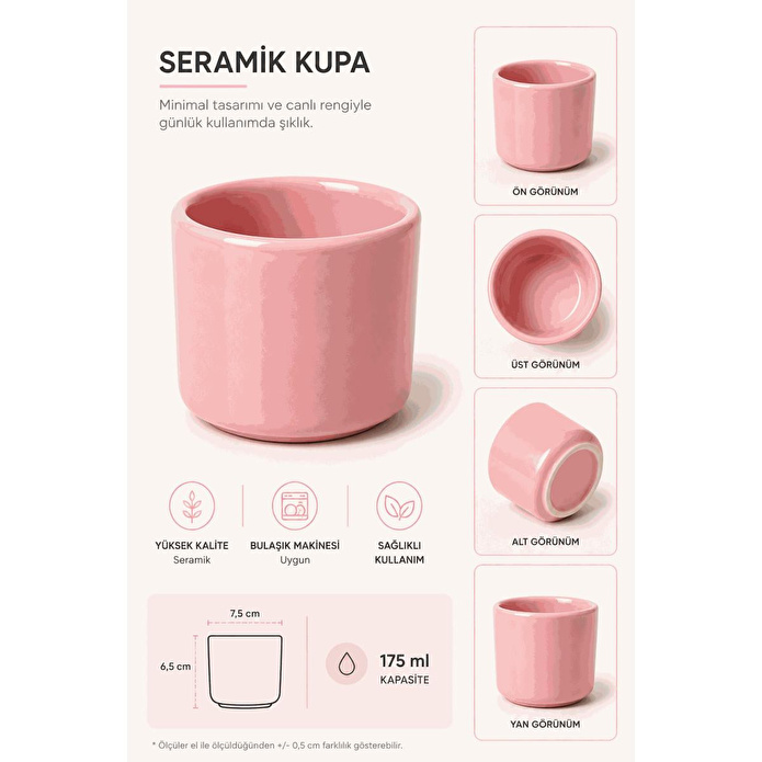 Beige & Stone 2'li Set Pembe Seramik Kupa 175 Ml Minimal Kahve Kupası Çay Fincanı Espresso Ve Türk Kahvesi Bardağı