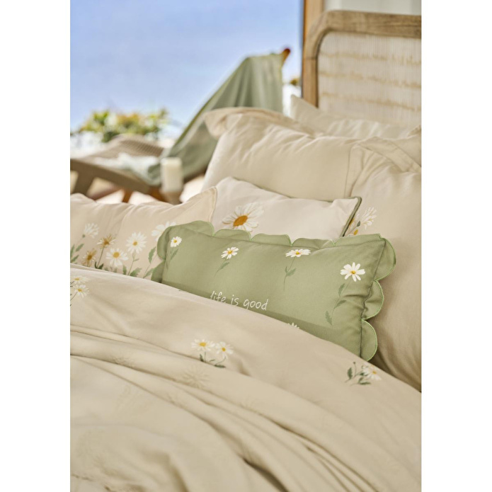 Bella Maison Daisy Volanlı Kenar Nakışlı Dekoratif Yastık Kılıfı Bej (35x50 Cm) Bej