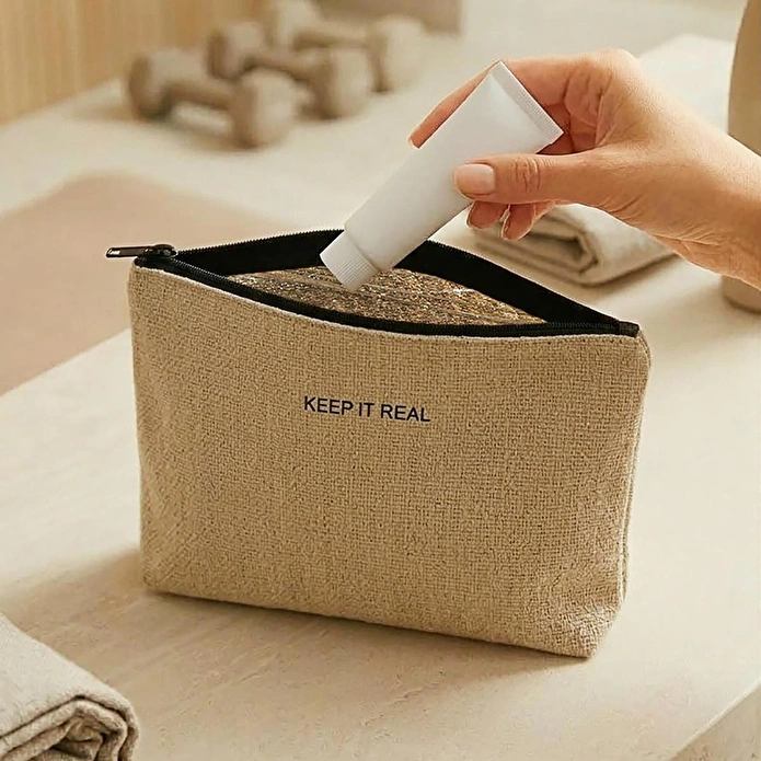 Ocean Home Textile 2'li Termal Astarlı Su İtici Leke Tutmaz Jüt Keten Makyaj İlaç Çantası Seti 19 X 13 X 7 / 25 X 15 X 12.5 Cm