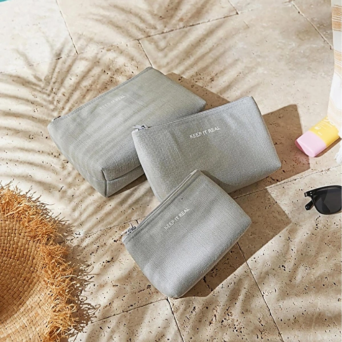 Ocean Home Textile 3'lü Termal Astarlı Su İtici Leke Tutmaz Gri Renk Jüt Keten Makyaj İlaç Çantası Seti 15 X 11 X 6 / 19 X 13 X 7