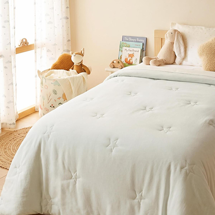 Ocean Home Textile %100 Pamuk Penye Mavi Yıldız Nakışlı Çocuk Tek Kişilik Çok Amaçlı Örtü 155 X 215 Cm