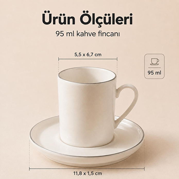 Vienev Porselen 6 Kişilik Kahve Fincan Takımı 12 Parça Sade Kahve Seti