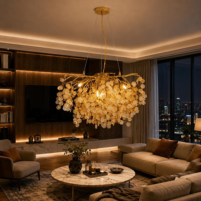Apliqa Masal 60'lık Yuvarlak Gold Kristal Taşlı Modern, Oturma Odası, Salon Avize