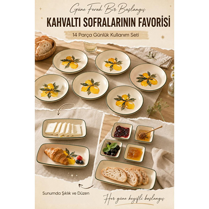 Vienev Limon Desenli Seramik Kahvaltı Takımı 14 Parça Ikram Sunum Tabak Seti