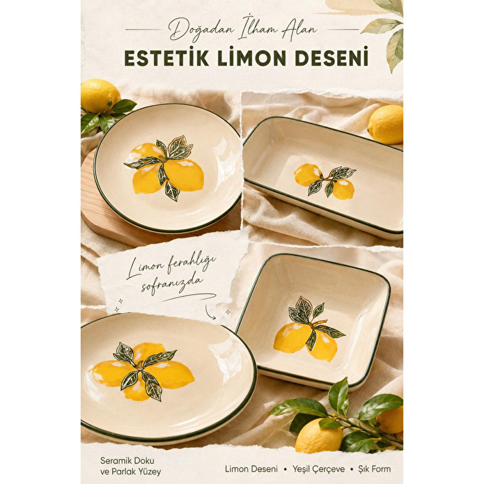 Vienev Limon Desenli Seramik Kahvaltı Takımı 14 Parça Ikram Sunum Tabak Seti