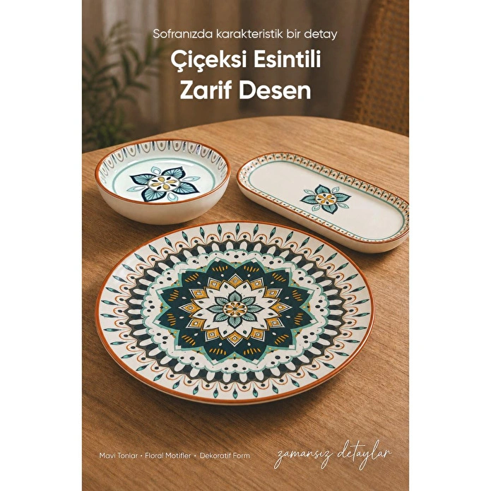 Vienev Safir Desenli 14 Parça 6 Kişilik Seramik Kahvaltı Takımı Servis Sunum Tabaklı Dekoratif Sofra Seti