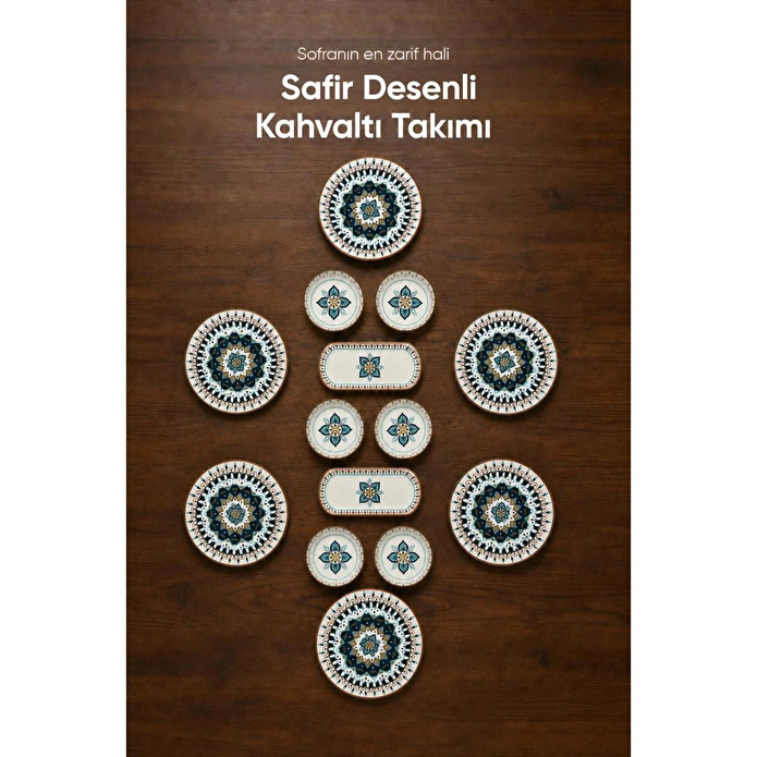 Vienev Safir Desenli 14 Parça 6 Kişilik Seramik Kahvaltı Takımı Servis Sunum Tabaklı Dekoratif Sofra Seti