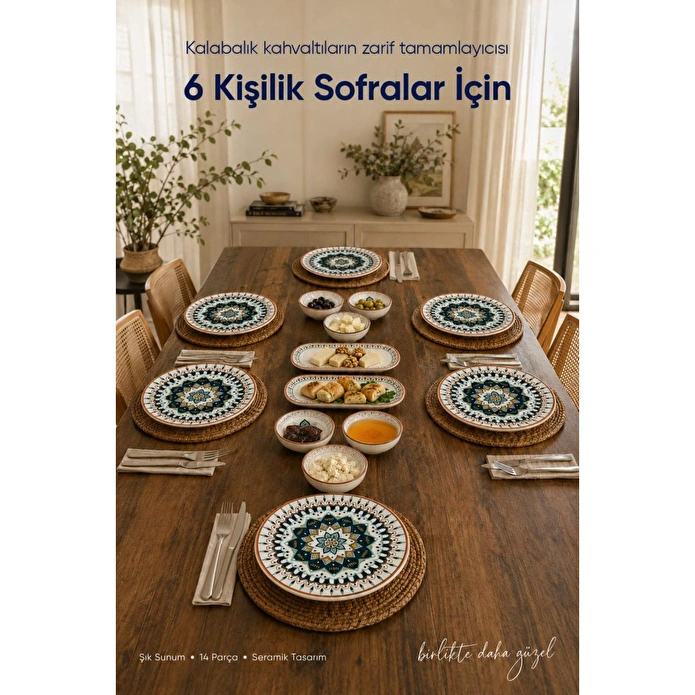 Vienev Safir Desenli 14 Parça 6 Kişilik Seramik Kahvaltı Takımı Servis Sunum Tabaklı Dekoratif Sofra Seti