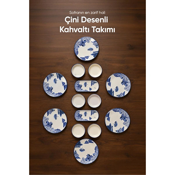 Vienev Mavi Çini Desenli 14 Parça 6 Kişilik Seramik Kahvaltı Takımı Servis Sunum Tabaklı Dekoratif Sofra Seti
