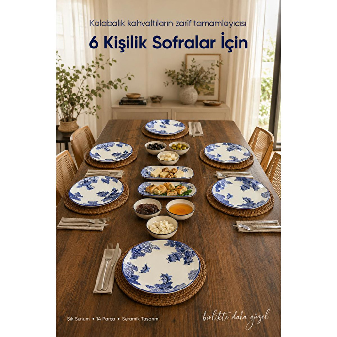 Vienev Mavi Çini Desenli 14 Parça 6 Kişilik Seramik Kahvaltı Takımı Servis Sunum Tabaklı Dekoratif Sofra Seti