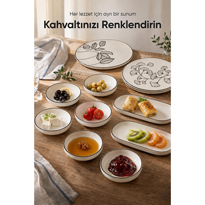 Vienev Siyah Yaprak Desenli 14 Parça 6 Kişilik Seramik Kahvaltı Takımı Servis Sunum Tabaklı Dekoratif Sofra Seti