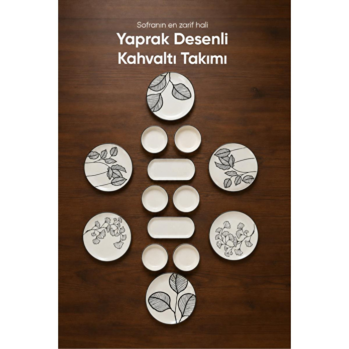 Vienev Siyah Yaprak Desenli 14 Parça 6 Kişilik Seramik Kahvaltı Takımı Servis Sunum Tabaklı Dekoratif Sofra Seti