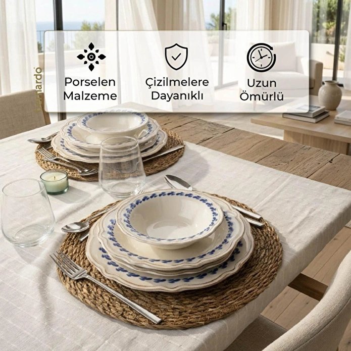 Bernardo Blue Flower Porselen 24 Parça 6 Kişilik Yemek Takımı
