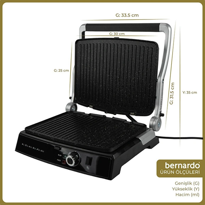 Bernardo Ruby 2000W 6 Dilim Kapasiteli Çıkarılabilir Plakalı Izgara ve Tost Makinesi Siyah