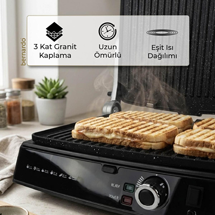 Bernardo Ruby 2000W 6 Dilim Kapasiteli Çıkarılabilir Plakalı Izgara ve Tost Makinesi Inox