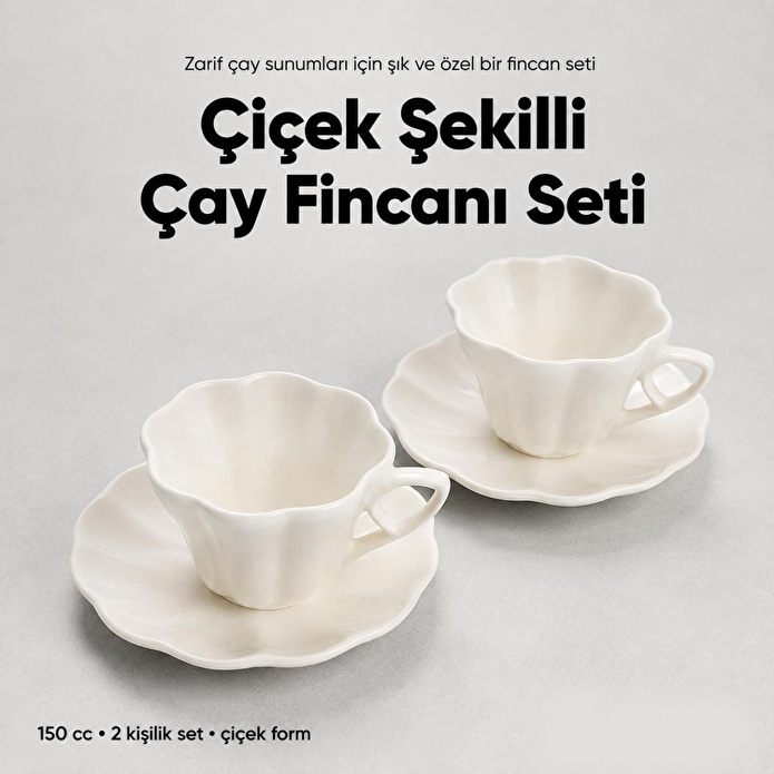 Vienev 2'li Çiçek Şekilli Seramik Çay Fincanı Seti 150 Cc Beyaz