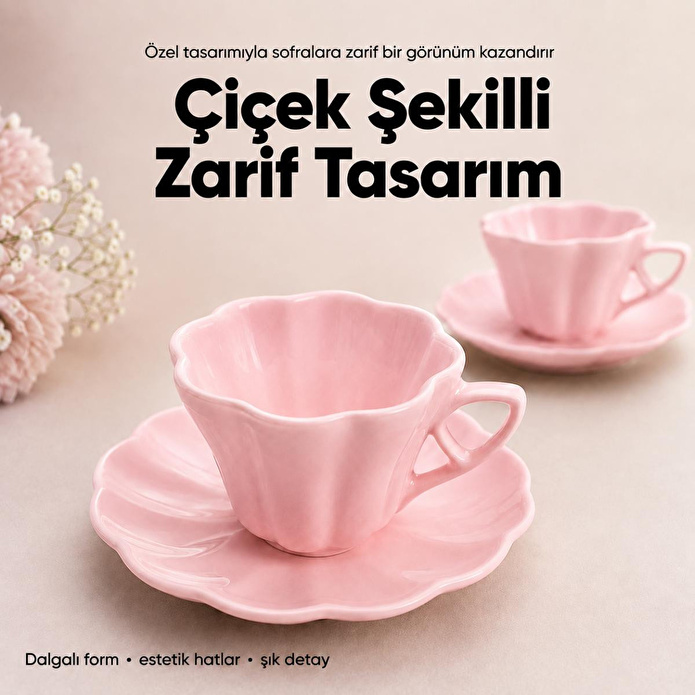 Vienev 2'li Çiçek Şekilli Seramik Çay Fincanı Seti 150 Cc Pembe