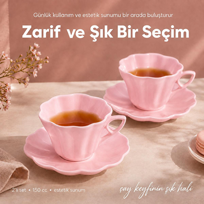 Vienev 2'li Çiçek Şekilli Seramik Çay Fincanı Seti 150 Cc Pembe