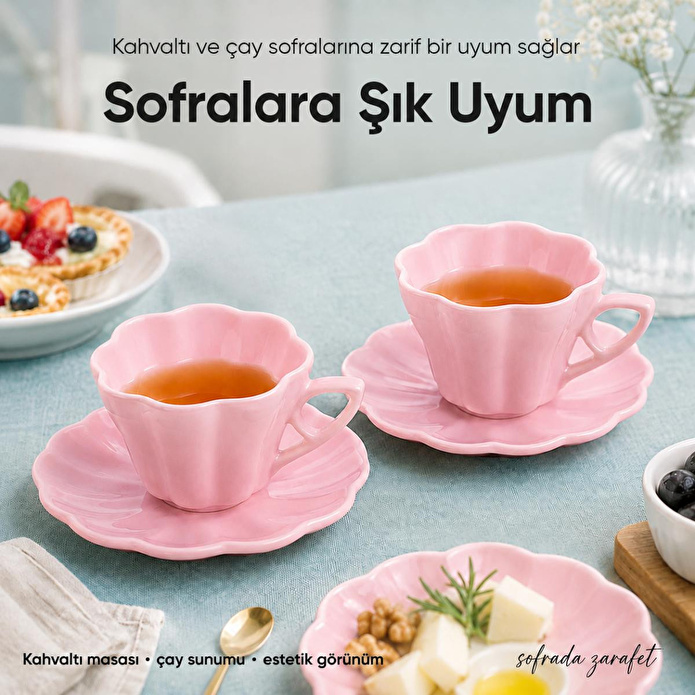 Vienev 2'li Çiçek Şekilli Seramik Çay Fincanı Seti 150 Cc Pembe