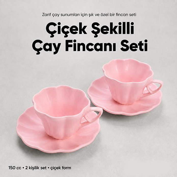 Vienev 2'li Çiçek Şekilli Seramik Çay Fincanı Seti 150 Cc Pembe