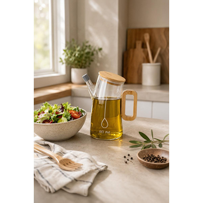 Bambum Pamori Bambu Kapaklı Cam Yağdanlık 550ml