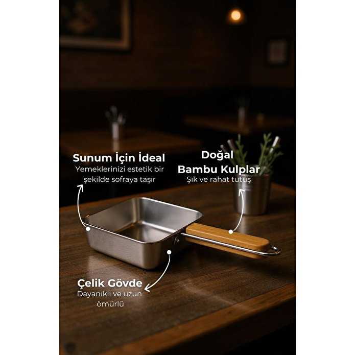 Bambum Cesta Bambu Saplı Çelik Sunum Tavası Kare Küçük