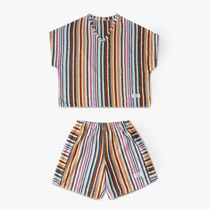 Green Black Stripe Soft Kadın Havlu Şortlu Takım %100 Pamuk Renkli Standart