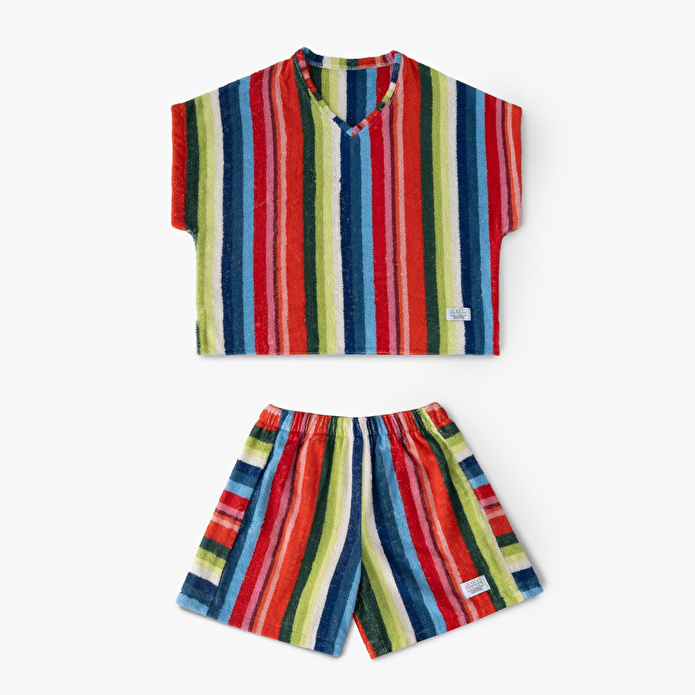 Green Black Stripe Red Kadın Havlu Şortlu Takım %100 Pamuk Renkli Standart