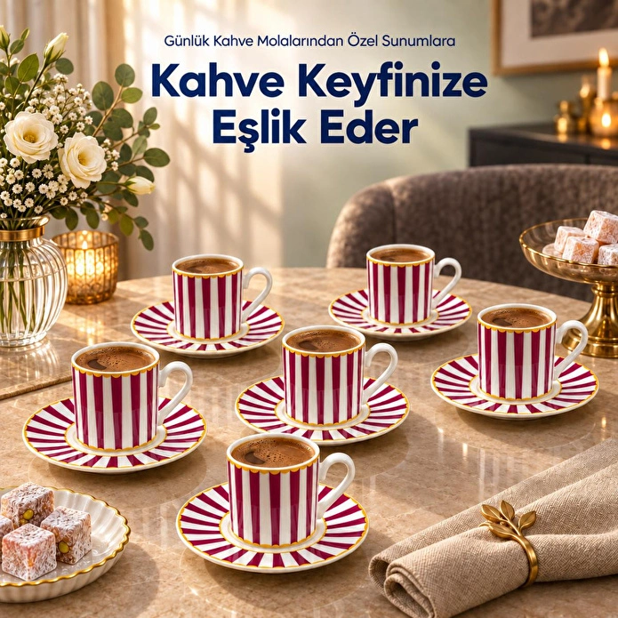 Vienev 6 Kişilik Pembe Çizgili Porselen Kahve Fincanı Takımı 12 Parça Altın Yaldız Detaylı Şık Sunum Seti