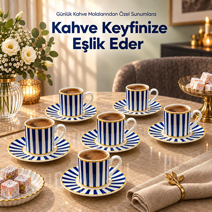 Vienev 6 Kişilik Mavi Çizgili Porselen Kahve Fincanı Takımı 12 Parça Altın Yaldız Detaylı Şık Sunum Seti